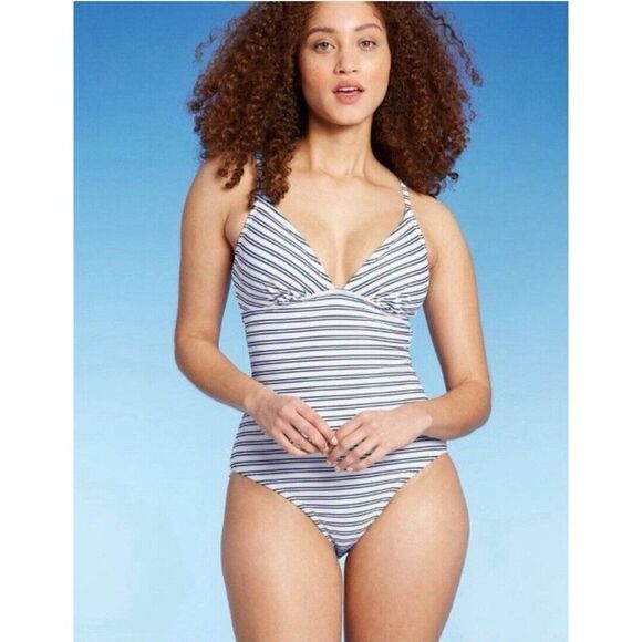 Kona Sol Blue White Striped One Piece Bathingsuit Swimsuit Small - Picture 1 of 5
